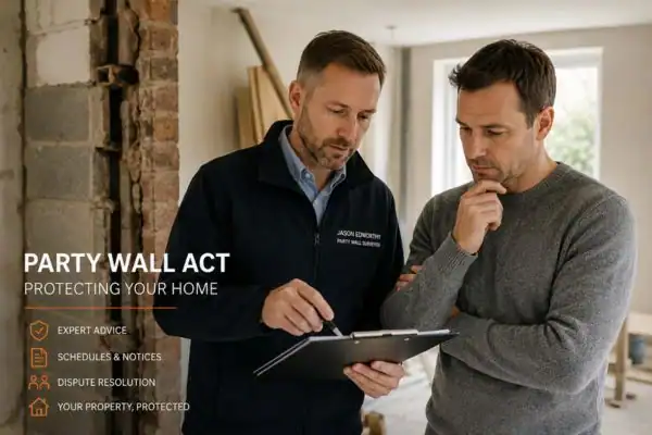 Party wall surveyor Ewell discussing extension plans with homeowner outside a UK semi-detached house.